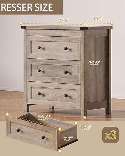 BORNOON 3-Drawer Dresser, Small Wooden Chest of Drawers with Metal Knobs, Water-Resistant Top, Storage Organizer with Anti-Tip Kit for Bedroom, Nursery, Living Room