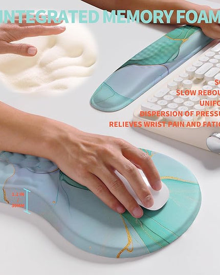 2-in-1 Ergonomic Set, Wave Rise Keyboard Wrist Rest and Massage Bulge Slope Mouse Pad Wrist Support, Cushion Memory Foam Integrated to Relieve Wrist Pain, Blue Gold Marble