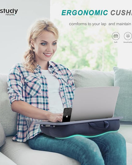 ISTUDYNITURE Portable Lap Desk with Cushion, Fits up to 15.6 inch Laptop, Laptop Stand with Device Ledge and Phone Holder, for Home Office (Grey, Small)