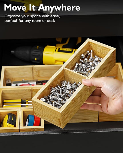 6PCS Desk Drawer Organizer Tray with 12 Compartments – Bamboo Office Storage Boxes Set for Junk Drawer Supplies, Utensils, Cosmetics, Jewelry and More