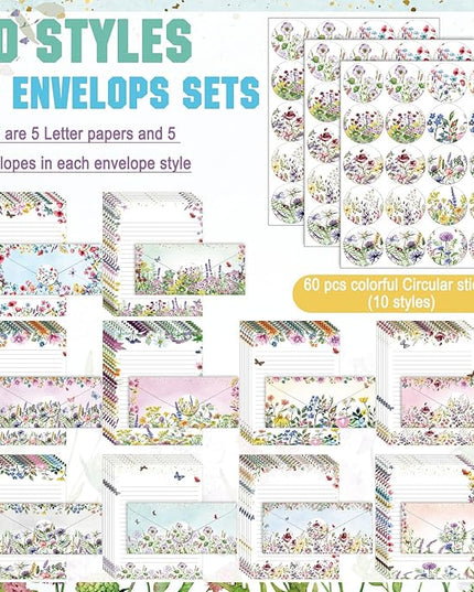 TaoBary 160 Pcs Stationery Paper Set 50 Double Sided Stationery Papers with 50 Matching Envelopes and 60 Round Dot Sticker, 10 Design(Wildflower,8.5 x 11 Inch)
