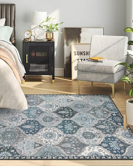 Lahome Moroccan Machine Washable Area Rugs, 4x6 Rug for Living Room Bedroom, Soft Non-Slip Rug Vintage Trellis Ultra-Thin Throw Carpet for Dining Room Office, Blue