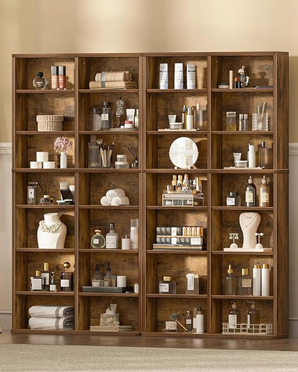 LELELINKY 7 Tier Tall Display Cabinet, Brown Media Storage Cabinet with Adjustable Shelves, Free Standing DVD Organizer Shelf, Floor Multimedia Storage Manga Bookshelf for Living Room & Home Office.