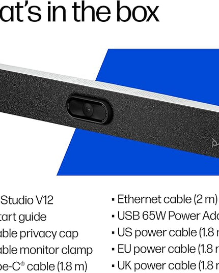 Poly Studio V12 – USB Video Bar for Small Rooms - 4K 20MP Camera, AI-Enhanced Audio, Noise Cancellation, Poly Lens Management - Microsoft Teams, Zoom & Google Meet Compatible - Thoughtfully Made