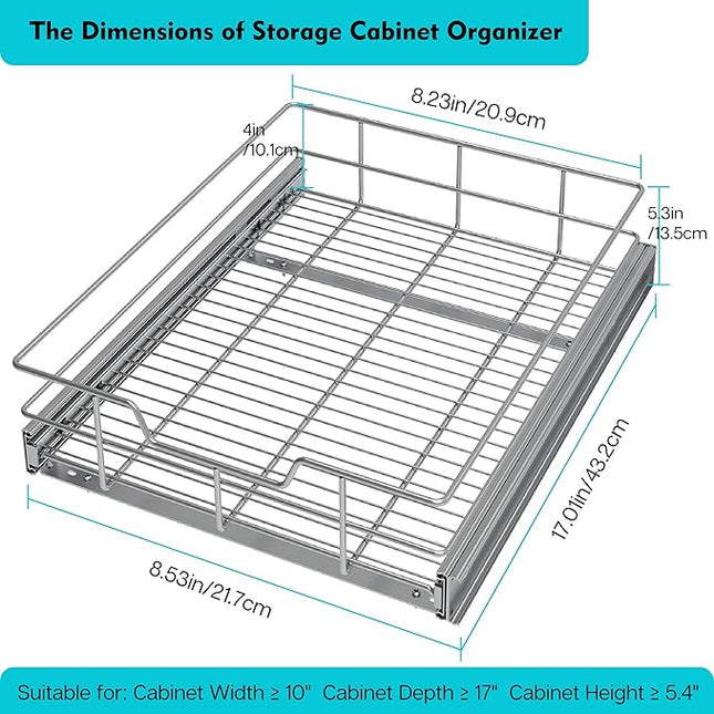 Pull Out Cabinet Organizer 9" W X 17" D, Slide Out Drawers For Kitchen Organizers and Storage, Pull Out Drawers For Cabinets Capacity Heavy Duty Caddy, Cabinet Shelves Chrome-Plated, Bathroom Pantry