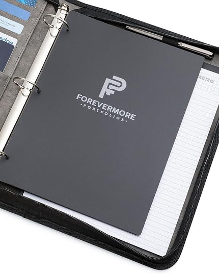 Forevermore Portfolios Portfolio Organizer - 1.5" 3 Ring Binder with Notepad - Zippered Storage Pouch for Papers, Travel Documents, Presentation Folder with Pockets for Card, Passport, Tickets - Gray