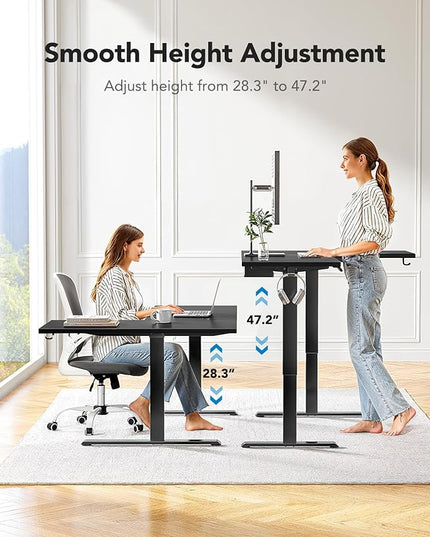 HUANUO L-Shaped Standing Desk, 63 x 40 inch Dual Motor Corner Standing Desk, Electric Height Adjustable Computer Desk with Cable Tray & 3 Preset Heights, Raising Desk for Home Office, Black, HNESD109