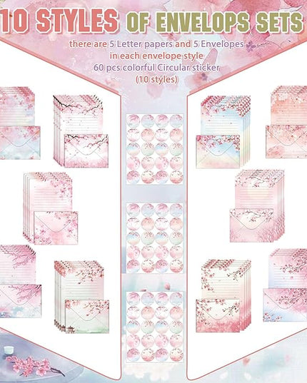 TaoBary 160 Pcs Stationery Paper Set 50 Double Sided Stationery Papers with 50 Matching Envelopes and 60 Round Dot Sticker, 10 Design(Cherry Blossom,5.5 x 8.25 Inch)