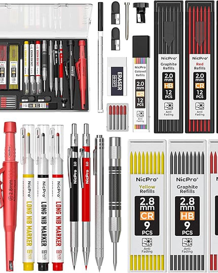 Nicpro 24PCS CP3000 Mechanical Carpenter Pencil Set with Sharpener & Sheath, Lead Refills, Long Nib Marker, Center Punch, Carbide Scribe Tools, Heavy Duty Construction Pencil for Architect Woodworking