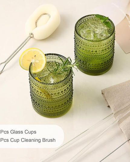 Vintage Glassware Drinking Glasses Set of 6,12 oz Hobnail Glass Cups,Embossed Green Water Tumbler,for Beer,Cocktail,Whiskey,Juice and Various Mixed Drinks- 1 Cleaning Brush