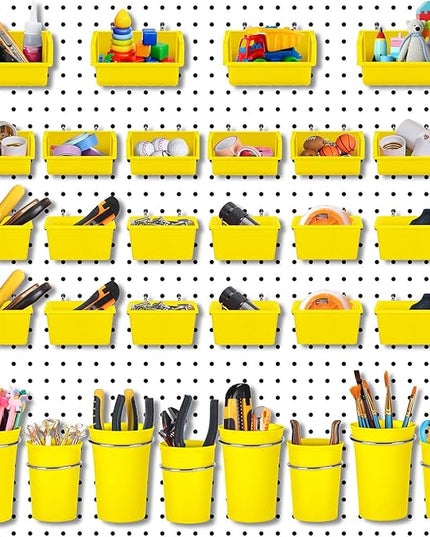 Roowest 60 Pcs Pegboard Cups Pegboard Bins Set, Wall Organizer with Hooks and Loops, Hooks Assortment Organizer Accessory for Office Storage Garage Craft Workshop(Yellow)