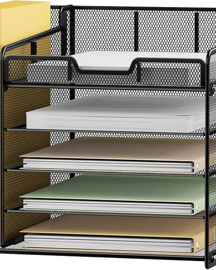 Lavatino Desk Organizer, 5-Tier Metal Mesh Paper Letter Tray with 1 File Holders & 7 Flexible Dividers for Office or Home Desk Organizers and Accessories, Keep Workspace Supplies Neat, Black