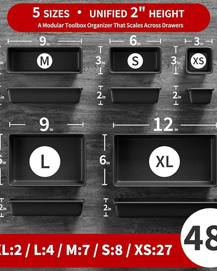 【48PCS & 5 Sizes】 Tool Box Organizer Tray, Toolbox Drawer Organizer with Non-Slip Pads, Desk Drawer Divider Set, Fits Rolling Tool Chest Cabinet for Garage & Workbench