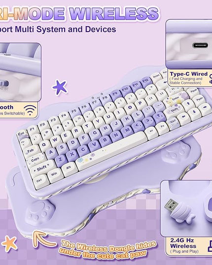 YUNZII C75 Wireless Mechanical Keyboard,75% Layout, Hot-Swappable NKRO,BT5.0/2.4G/USB-C Mode,Dye-Sub PBT MOA Keycaps,RGB Gasket Mount,Cute Cake Design for Mac/Win/Gaming (Purple, Milk V2 Switch)