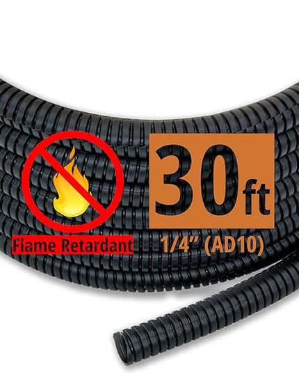 30ft - 1/4 inch (AD10) Flame Retardant Split Wire Loom Tubing - Sleeves for Electric Cables, Flexible Wire Covers Cord Protectors - Black