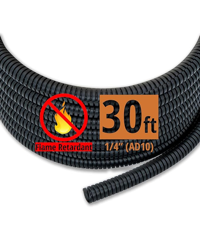 30ft - 1/4 inch (AD10) Flame Retardant Split Wire Loom Tubing - Sleeves for Electric Cables, Flexible Wire Covers Cord Protectors - Black