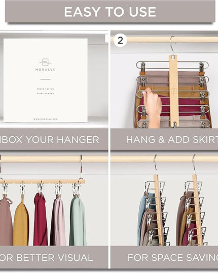 MORALVE Skirt Hangers Space Saving with Clips - 2 Pack - European Beechwood 5-Tier Hanger for Shorts, Skirts, and Pants - Closet Organizer and Storage Solution for Women with 360° Swivel Hook