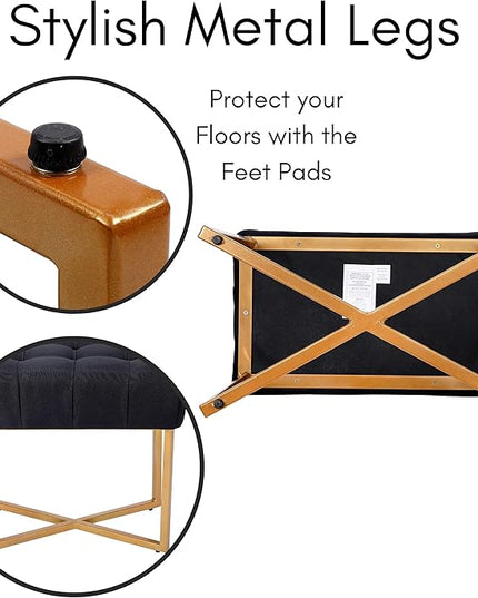 BIRDROCK HOME Rectangular Tufted Foot Stool Ottoman with Soft Padded Cushion - Versatile Vanity Chair for Bedroom, Living Room, Bathroom - Compact Seating for Adults - Black with Pale Gold Metal Legs