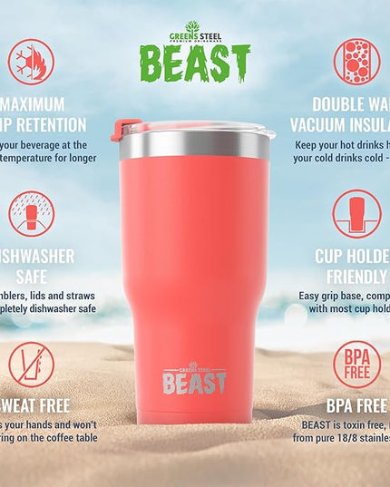 Beast 40 oz Tumbler Stainless Steel Vacuum Insulated Coffee Ice Cup Double Wall Travel Flask (Coral Pink)