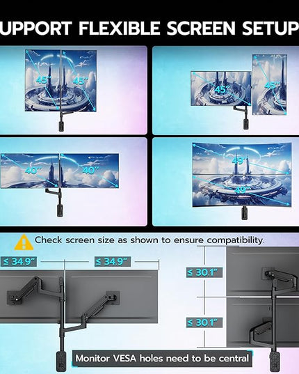ARES WING Dual Monitor Wall Mount for 17-49 Inch Ultrawide Screens, Heavy Duty Wall Mount Monitor Arm Holds 44 lbs Each, Fully Adjustable Gas Spring Monitor Arm, 75x75/100x100 VESA Mount, Black