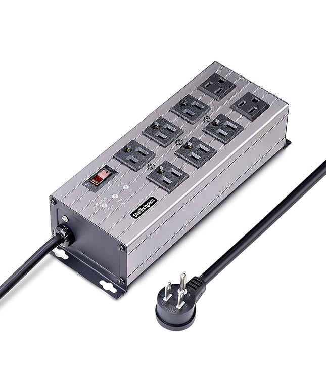 StarTech.com Flat Plug 8-Outlet Heavy Duty Industrial Power Strip 125V/15A with Surge Protector, EMI/RFI Isolation, Mountable PDU, 12ft/3.6m Extension Power Cord, NEMA 5-15P/R, TAA