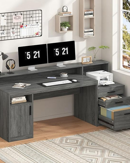 Executive Computer Desk with 3 Drawers & Storage Shelves, 65 Inch Home Office Desk with File Drawer & Cabinet, Writing Study Desks with Monitor Stand & Printer Shelf, Dark Grey