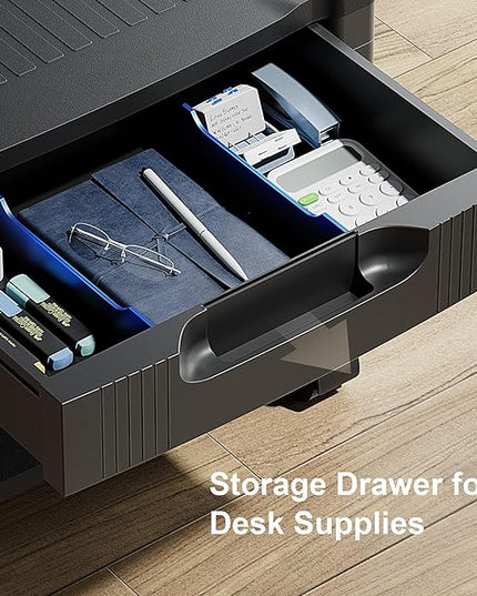HUANUO Printer Stand with Cable Management and Storage Drawer, Printer Table with Locking Wheels, 14.1-inch Maximum Height Printer Cart for Under Desk, Home, Office, HNDPS