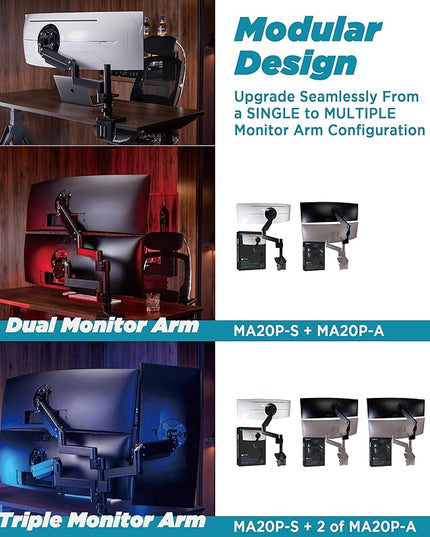Heavy Duty Monitor Arm for Ultrawide Monitors up to 57" and 44 lbs, Single Desk Stand, Pneumatic Height Adjustable, Modular Extension Arms - Max VESA 100x100, Black, MA20P-S
