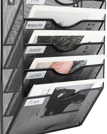 EasyPAG Hanging Wall File Organizer, 5 Pocket Wall Mounted Mail Organizer, Vertical Document Folder Holder with Nametag Label, Space Saving Paper Storage Magazine Rack for Office Home School, Black