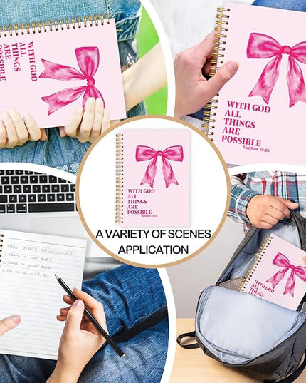 FDHSPAAM Coquette Pink Bow Christian Spiral Journal Notebook 5.5x8.3in, with God All Things Are Possible Inspirational Prayer Journal for Woman, Inspirational Bible Notebooks for Note Taking