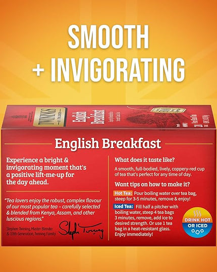 Twinings English Breakfast Black Tea Individually Wrapped Bags, 20 Count (Pack of 6), Flavourful, Robust, Caffeinated, Enjoy Hot or Iced, 120 Teabags