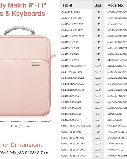 MoKo 9-11 Inch Tablet Sleeve Bag Handle Carrying Case with Shoulder Strap Fits New 11-inch iPad Pro M4/iPad Air M2, iPad 10th 10.9, iPad 9/8/7th 10.2, iPad Air 5/4th 10.9, Tab S8/S9 11, Pink