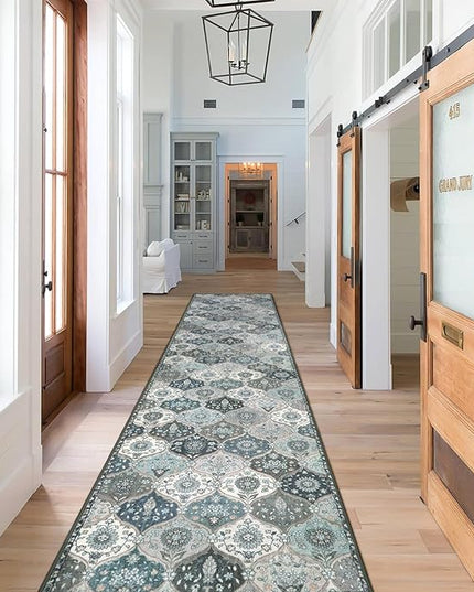 Lahome Moroccan Hallway Runner Rug Non Slip, 2x10 Washable Runner Rugs for Hallway 2x10 Vintage Ultra-Thin Throw Long Carpet for Kitchen Entryway Bedroom Laundry Room, Blue