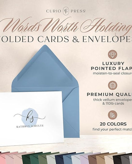 Curio Press Personalized Stationery for Women & Men - A2 Folded Note Cards with Monogram and Name, Fold Over Monogrammed Stationery Thank You Cards with Custom Notecards - Delicate Mono Fold