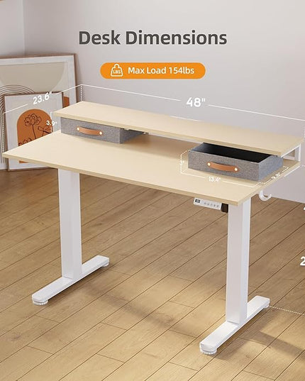 Claiks Electric Standing Desk with 2 Drawers, Adjustable Standing Desks with Storage, Height Adjustable Stand up Desk for Home Office with 2 Hooks,48 Inch Natural
