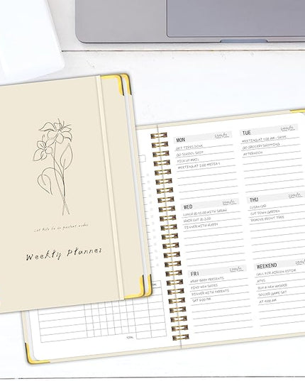 Undated Weekly Planner with Metal Corner Hardcover Notebook , A5 Size Journal with To Do List Planner, Habit Tracker,Weekly Goals for ADHD,Student, Office, Women, Men ,Gifts,6 x 8 inches，Spiral Bindding ,Beige