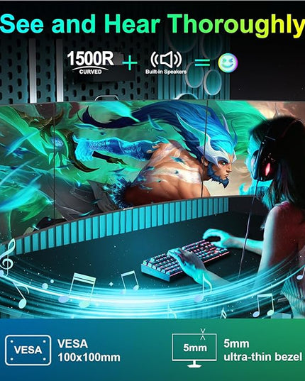 SANSUI Curved Monitor 27 inch 120Hz USB Type-C Computer Monitor with Speakers Built in丨FHD 1080p丨HDR丨110% sRGB丨1500R丨VESA Compatible,for Tablet,Desktop,Laptop and PC Work Gaming