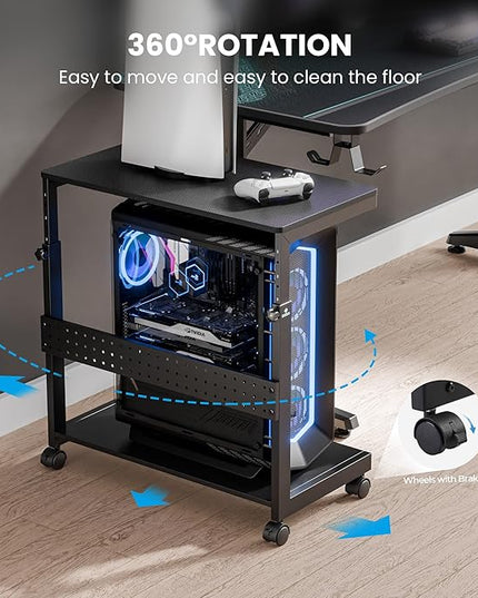 EUREKA ERGONOMIC PC Stand Computer Cart, Height Adjustable Tower Stand 2-Tier Suit for ATX Case Printer, Metal Rolling Cart on Wheels for Gaming Home Office, Carbon Fiber