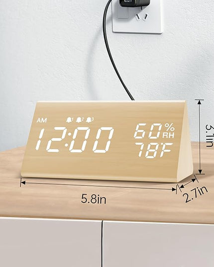 JALL Digital Alarm Clock, with Wooden Electronic LED Time Display, 3 Alarm Settings, Humidity & Temperature Detect, Wood Made Electric Clocks for Bedroom, Bedside (Yellow)