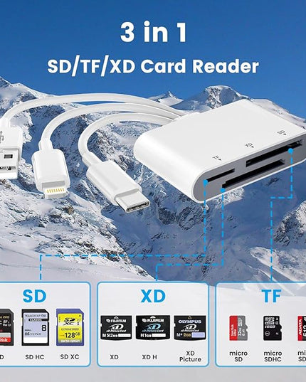 XD Card Reader for iPhone, 3in3 SD/TF/XD Picture Card Adapter to Lightning/USBC/USB A, x-D Picture Cards Reader for iPhone 17/16/15/14/Pad/PC/Android Support SD/TF/X-D Fujifilm Olympus 128G 256G 2TB
