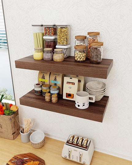 12 Inch Deep Floating Shelves, 24 x 12 Floating Shelf for Books, Rustic Wood Deep Wall Shelves for Home Storage & Display, 2" Thicked Shelves for Kitchen, Living Room, Bedroom, Walnut Color, 2 Pack