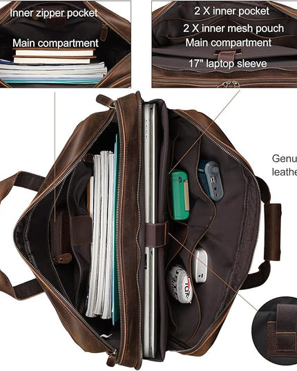 Masa Kawa Leather Briefcase for Men 17/15.6" Laptop Crossbody Shoulder Messenger Bag Business Travel Work Attache Case