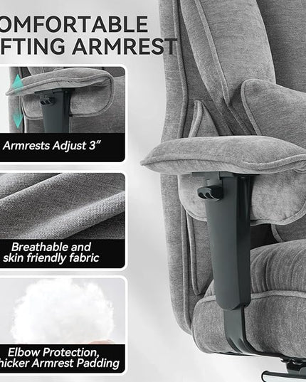 Efomao Executive Office Chair, Soft-Cushioned Computer Chair with Foot Rest, Fabric Home Office Desk Chairs, Big and Tall Office Chairs, Grey