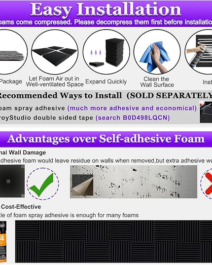 TroyStudio Thick Acoustic Foam Panels, 12 X 12 X 2 Inches 12 Pcs Wedge Sound Absorbing Foam, Dense Soundproof Padding Tile, Recording Studio Foam Absorber, Decorative 3D Wall Ceiling Panel