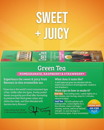 Twinings Green Tea with Pomegranate, Raspberry, & Strawberry Individually Wrapped Bags, 20 Count (Pack of 2), Caffeinated, Enjoy Hot or Iced, 20 Teabags