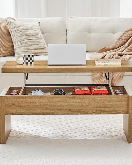 Small Lift Top Coffee Table, Wood Rectangle Coffee Table with Lifting Top and Hidden Storage Compartment, Mid Century Modern Center Tables for Small Space, Living Room, Office (Natural)