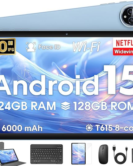 Android 15 Tablet 10 inch,24GB RAM 128 ROM,Tablets with Keyboard Case Mouse Stylus,1TB Expandable,Octa-Core 6000mAh 1280x800 IPS HD,5G WiFi,T615 CPU,High Performance,Processor,Dual Camera(Blue)