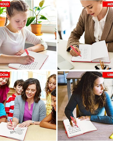 feela 12 Pack Notebooks Journals Bulk with 12 Black Pens, A5 Hardcover Notebook Classic Ruled Journal Set with Pen Holder for School Business Work Travel Writing, 120 GSM, 5.1”x8.3”, Red