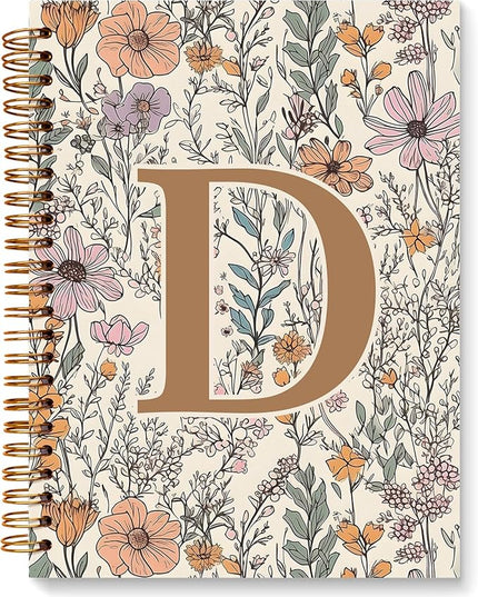 JXREQ Vintage Boho Floral Personalized Notebook, Initial Letter D Notebook Journal, Monogram Notebook, Monogrammed Gifts for Women, Boho Office Supplies, Flower Spiral Notebook 5.5x8.3
