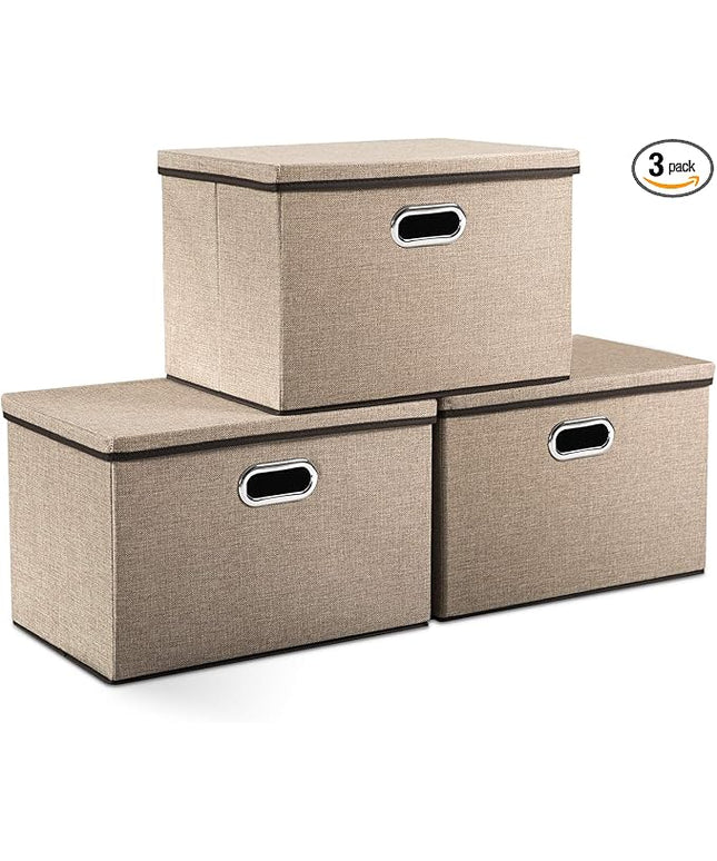 PRANDOM Large Collapsible Storage Bins with Lids [3-Pack] Jute Fabric Foldable Storage Boxes Organizer Containers Baskets Cube with Cover for Home Bedroom Closet Office Nursery (17.7x11.8x11.8)